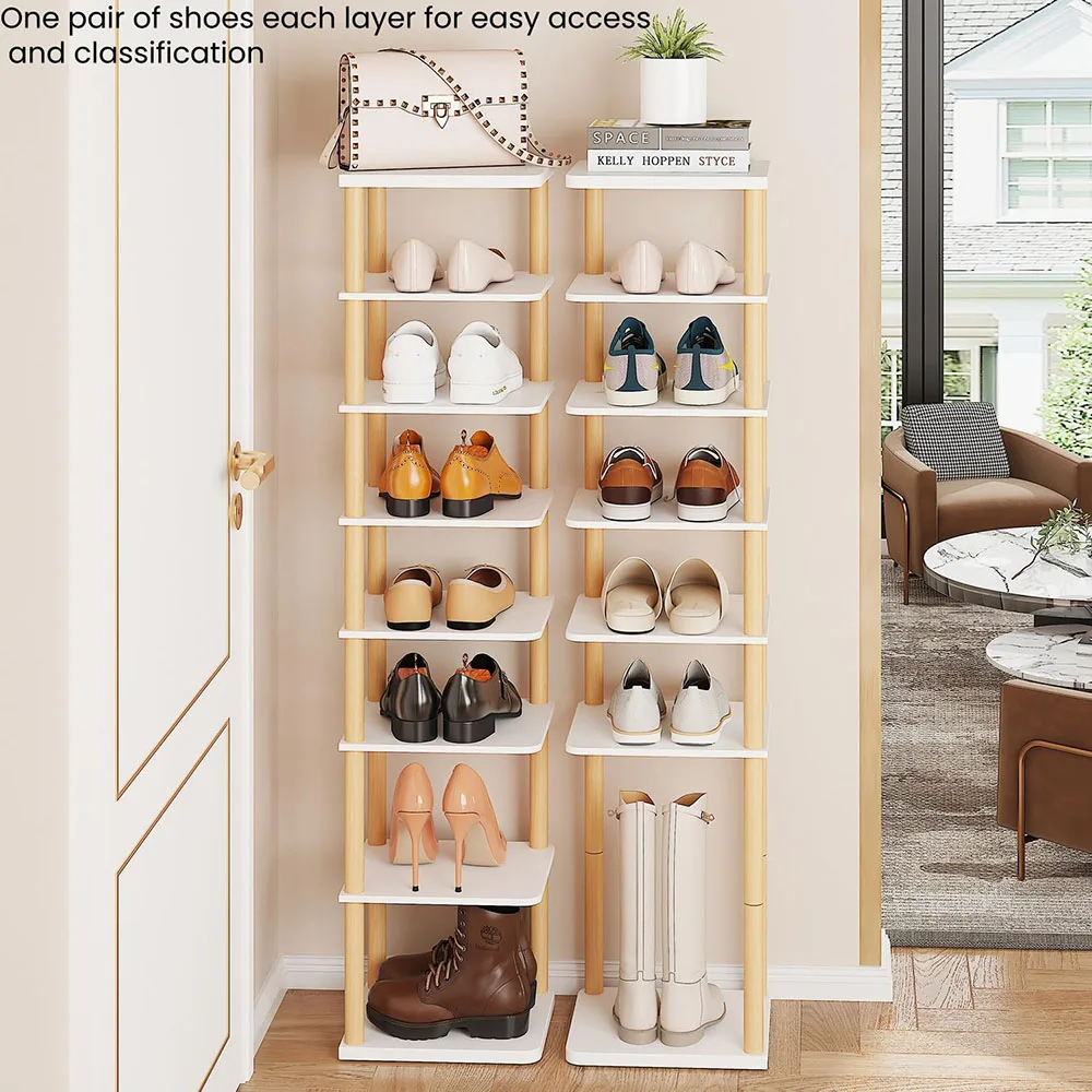 8-Tier Vertical Shoe Rack Modern Design Tall Narrow Freestanding Wooden Shoe Organizer for Entryway Closet Living Room Furniture details