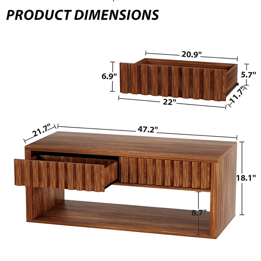 Modern Brown Rectangular Wood Coffee Table with Fluted Style Drawers and Storage Shelves for Living Room Furniture details
