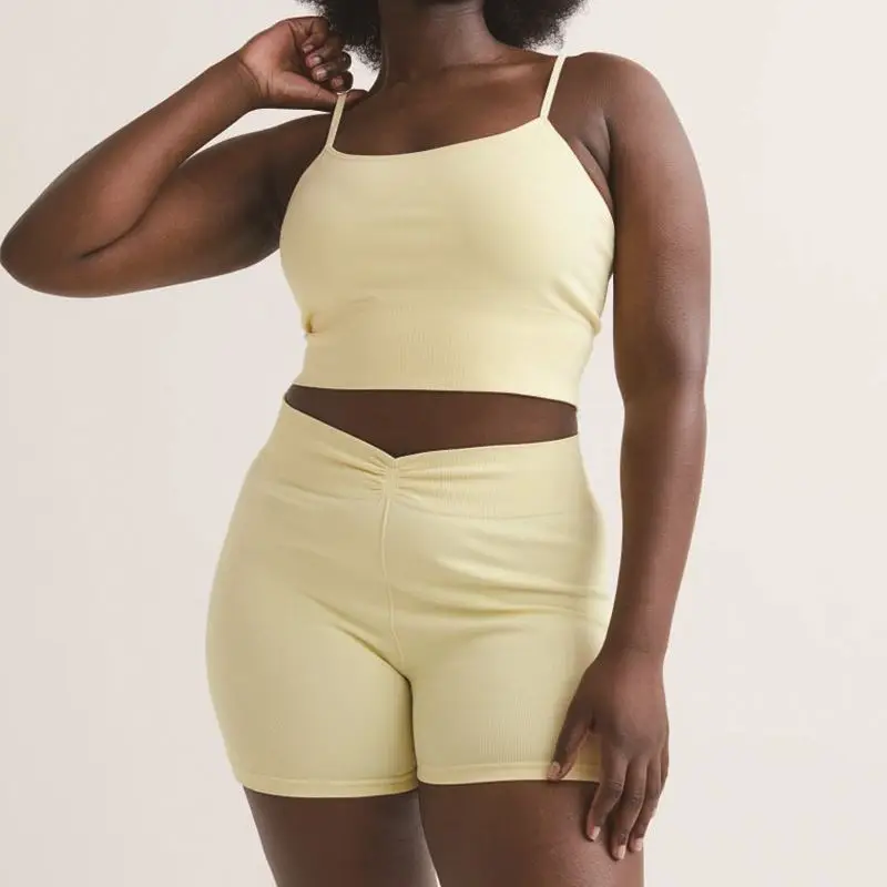 ECBC  Light Yellow Summer Active Comfortable Custom Color Seamless Yoga  Bra and Shorts 2-piece Set