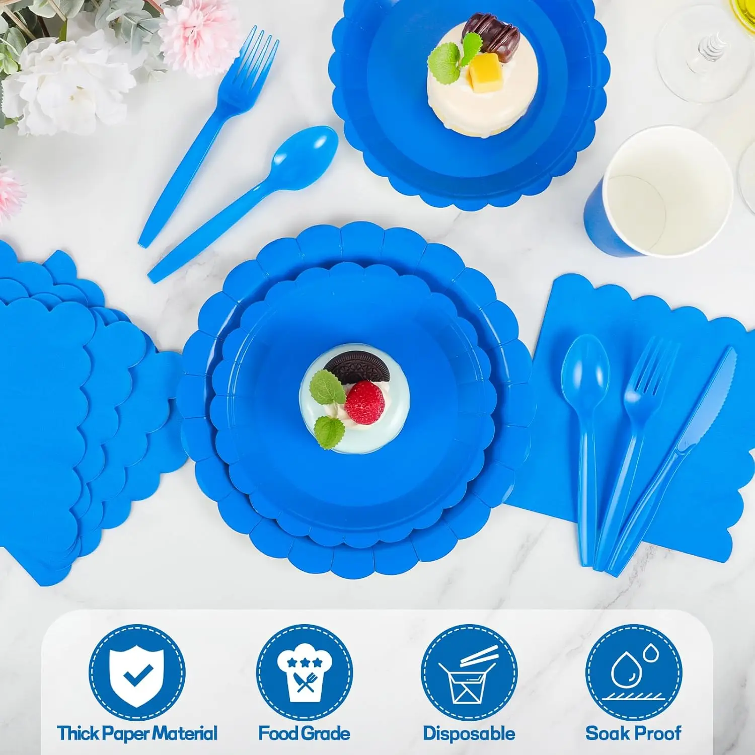 Lace Edge Blue Theme Party Tableware Set Solid color Birthday Party Decorations Pure color Disposable Paper Plates And Cups