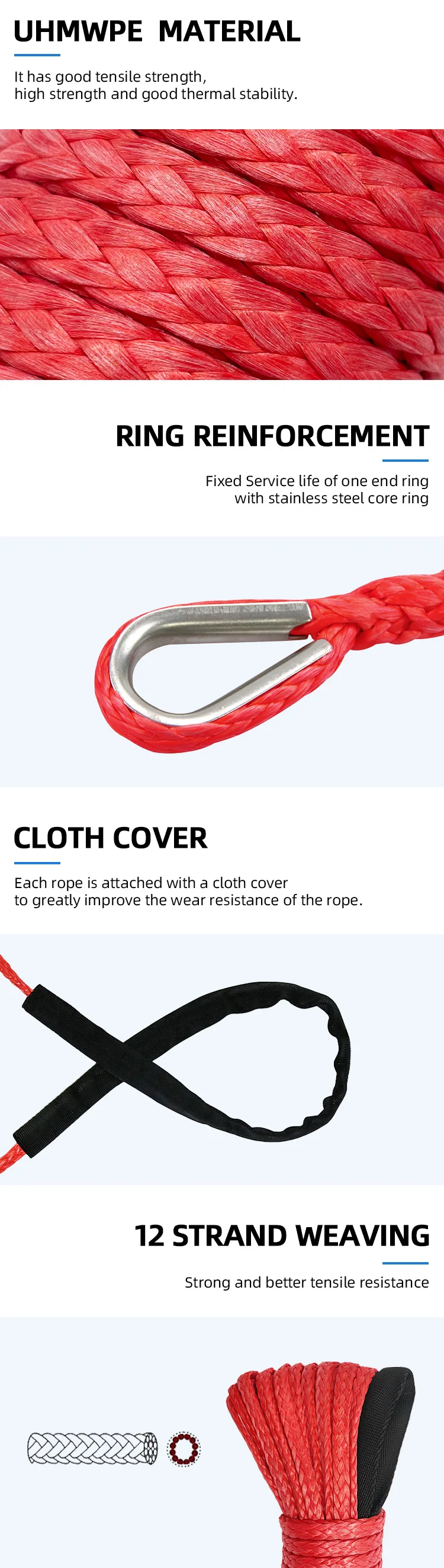 Rescue UHMWPE Winch Rope 12mm with Hook factory