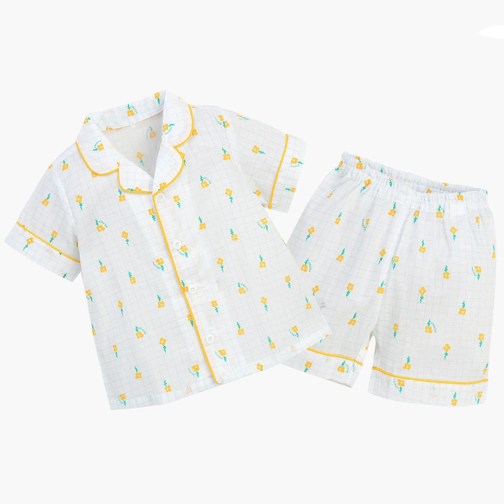 fashion pajamas wholesale custom children pajamas yellow printing short sleeve sleepwear summer boys pajamas set