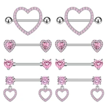 4Pair/Set Pink Zirconium Stainless Steel Heart-Shaped Breast Ring Set Ladies Y2K Nipple Ring Piercing Barbell Jewelry Daily Wear