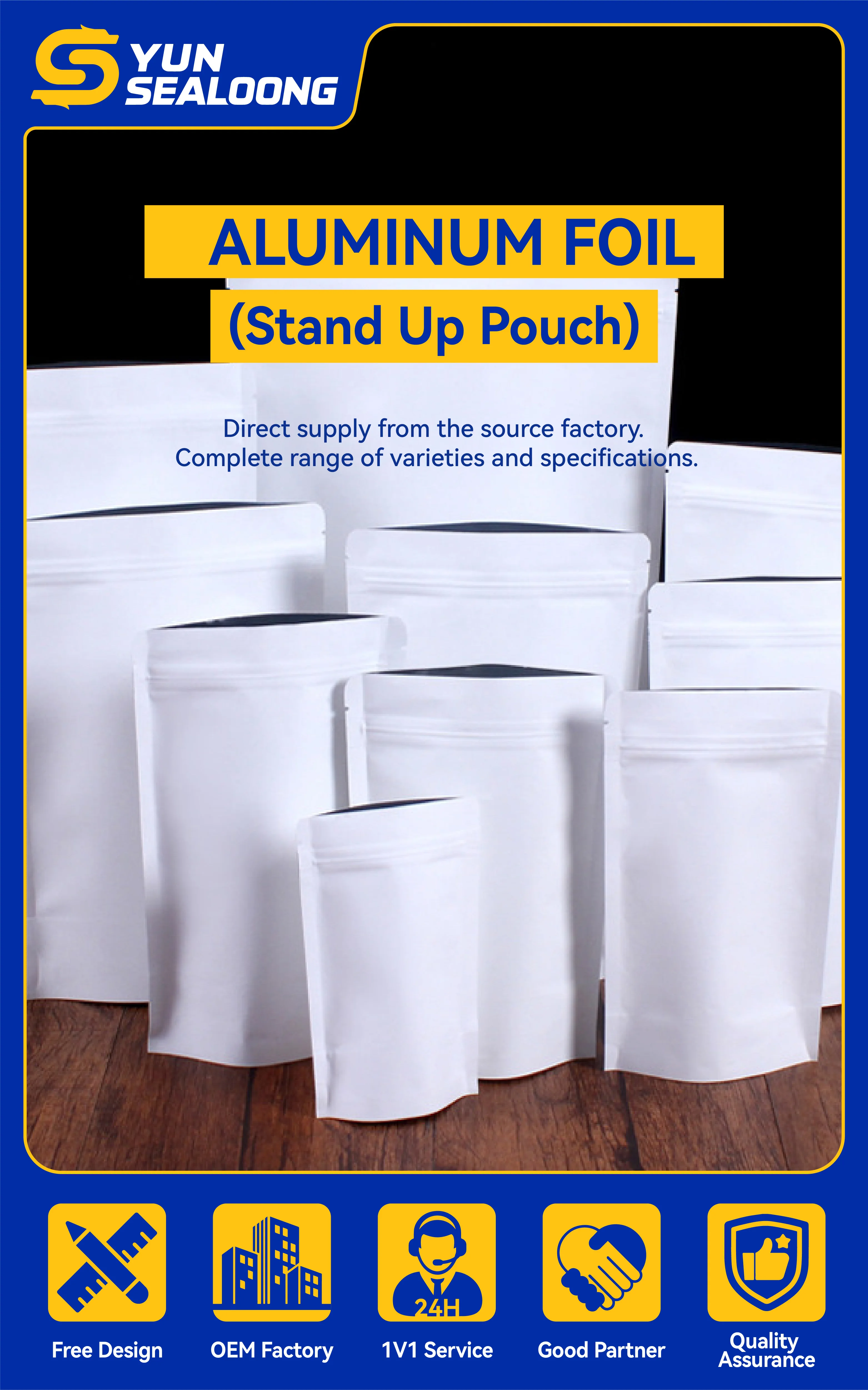 Food Grade Reusable Stand up Pouch Resealable Aluminum Foil Dry Snack Packaging Plastic Bags