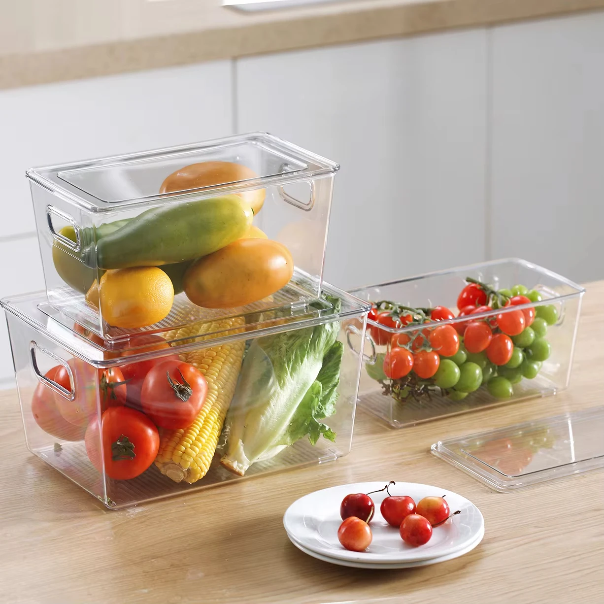 Transparent Clear Plastic Air Tight Storage Bins Fridge Refrigerator Organizer Food Containers Storage Box With Handles