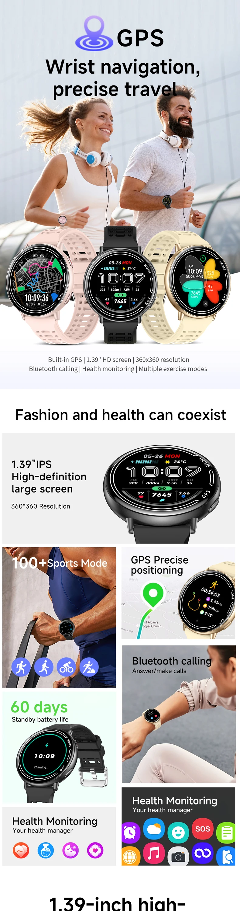 product 2026 smart watch kc100 1atm waterproof 139 inch color screen fitness heart rate answer call dafit smartwatch gps women men-0