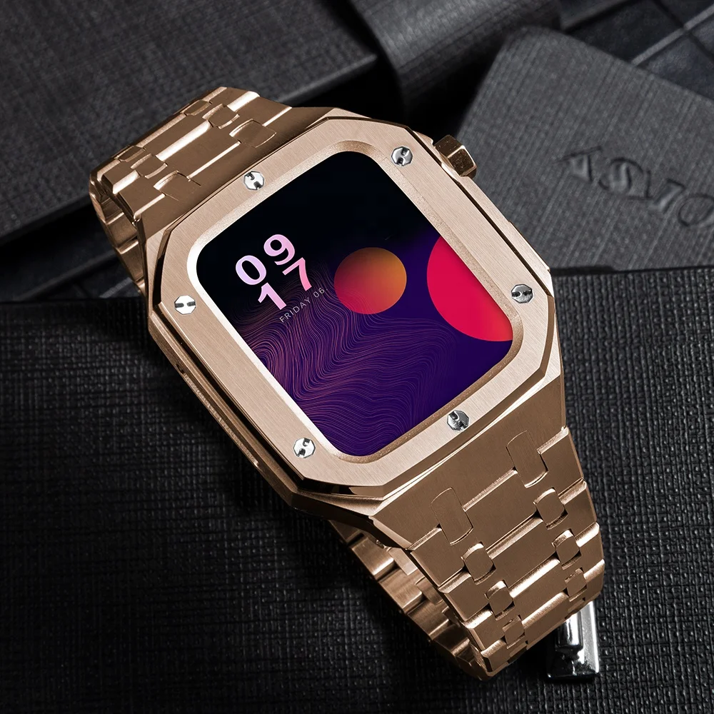 Custom Luxury Stainless Steel Band Strap And Protective 40mm 44mm Watch  Case For Apple Smart Iwatch Series - Buy Copy Golden Concept Charm Sport  Stainless Steel Band Strap And Clone Chain Watch Case