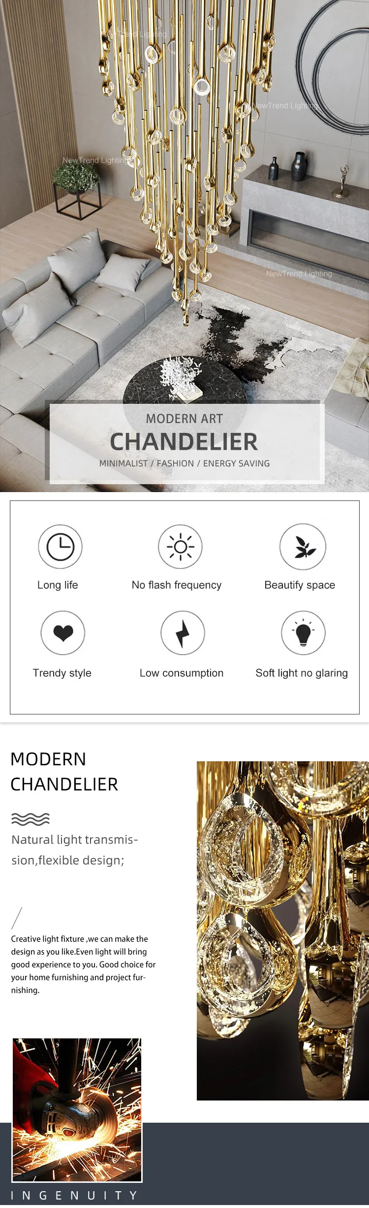 CPL-157 New Design Indoor Decoration Hotel Villa Mall Staircase Custom Luxury LED Chandelier details