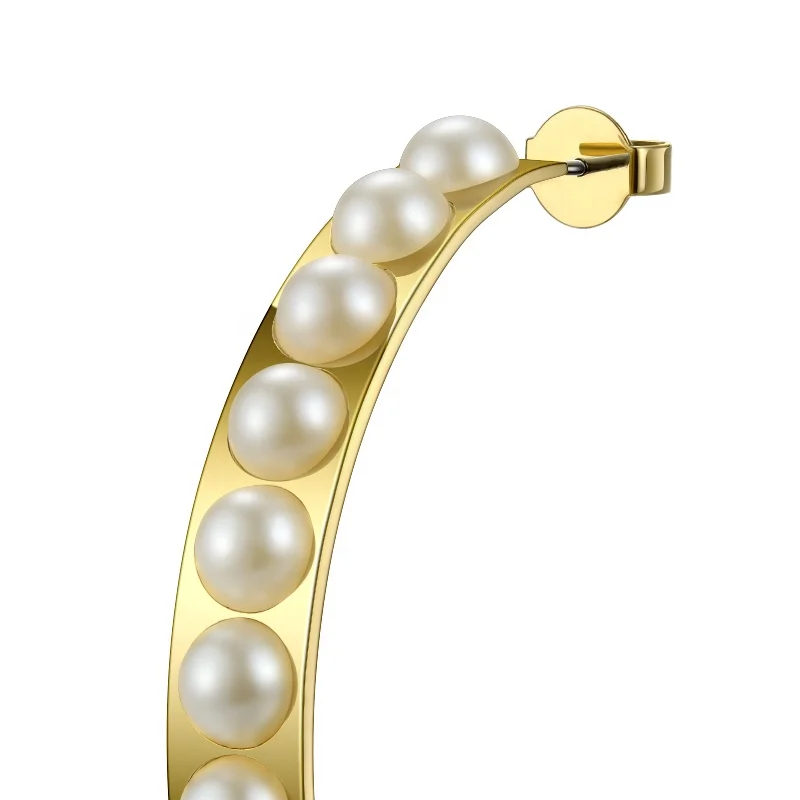 18K Gold Plated Stainless Steel Jewelry Big C-Shaped Imitation Pearl Accessories Hopp Earrings EF181061