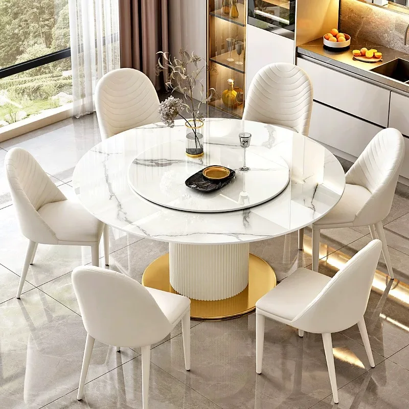 Light Luxury Sintered Stone Round Dinning Table Set For 6 With Turntable Carbon Steel Base Restaurant Hotel Dining Table Set