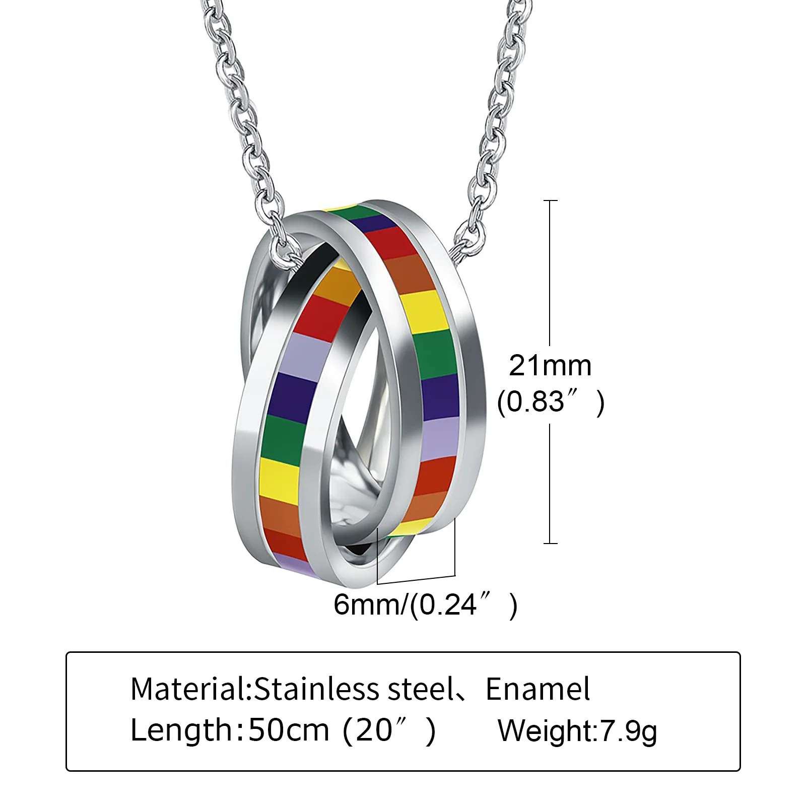 LGBT Jewelry Gay Pride Rainbow Jewellery Gay Lesbian Necklace Double Ring Rainbow Pendant 316L Stainless Steel Rainbow Necklaces