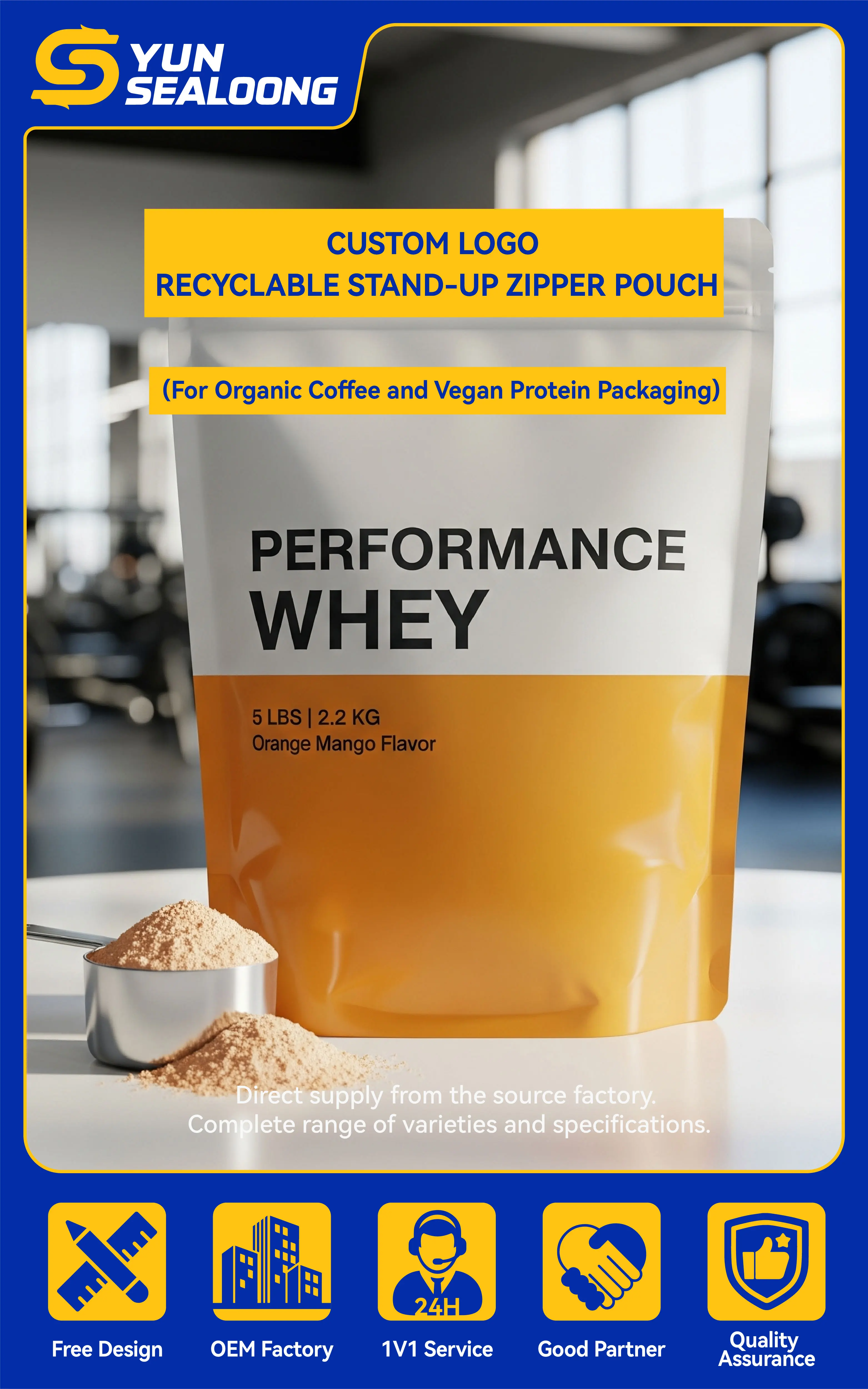 Custom Logo Recyclable Stand-Up Zipper Pouch for Organic Coffee and Vegan Protein Packaging