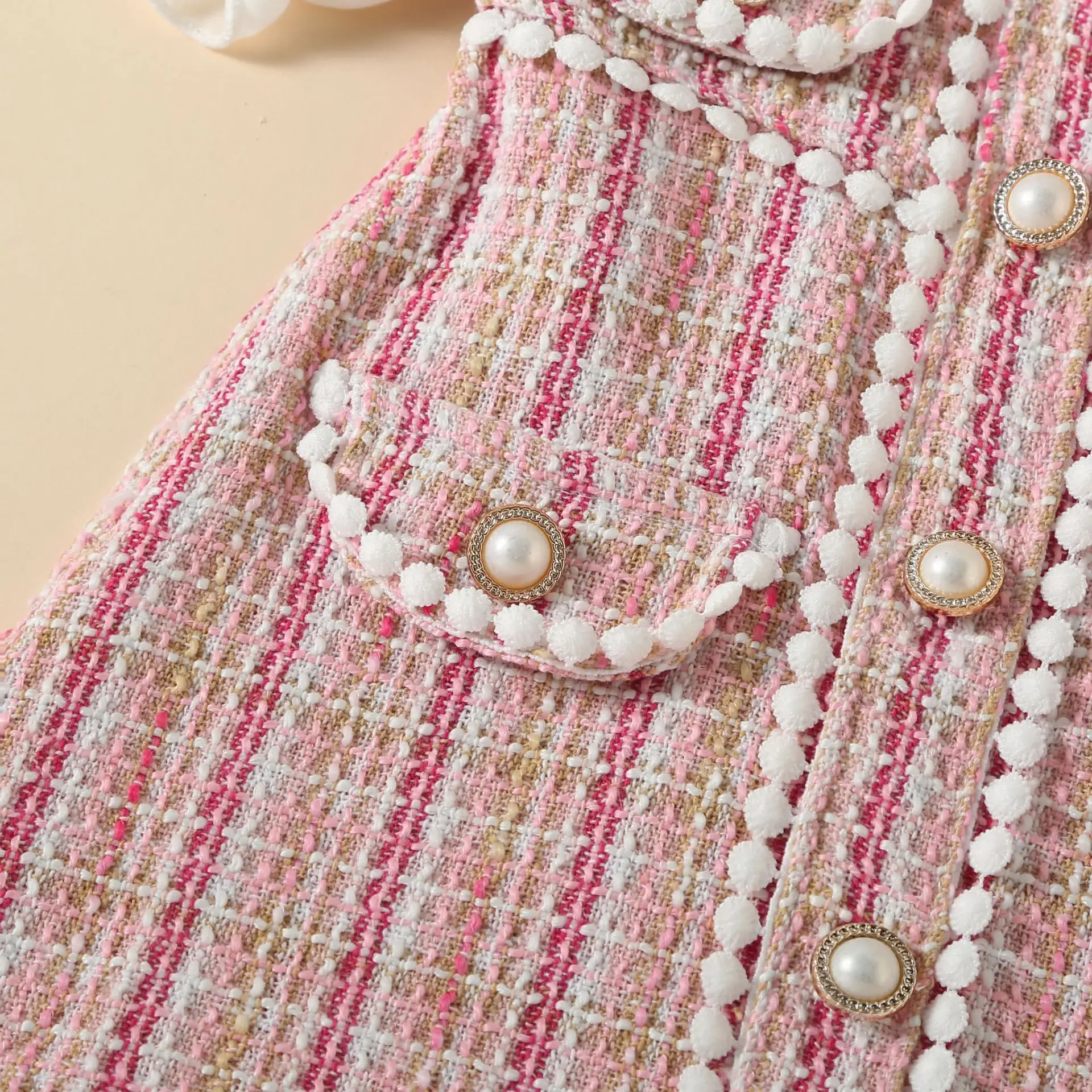 Summer 80 to 140cm Girl Clothes Set Plaid Pink Dress With Pearl Luxury 2-9 Years Puff Sleeves Square Collar Girls Dresses