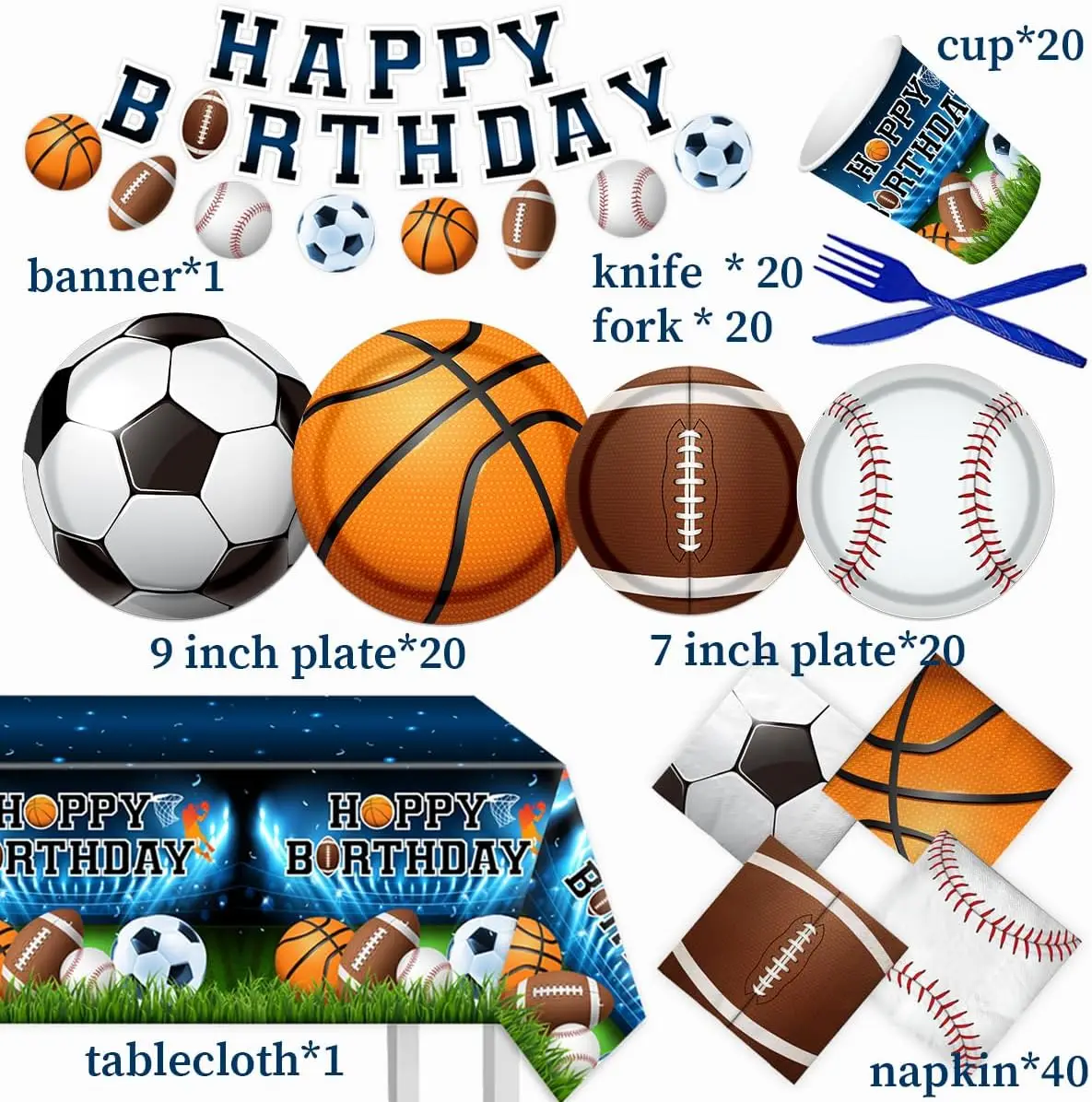 Combination Football Basketball Rugby Disposable Tableware Set Mix Designs Packing Birthday Party Tableware