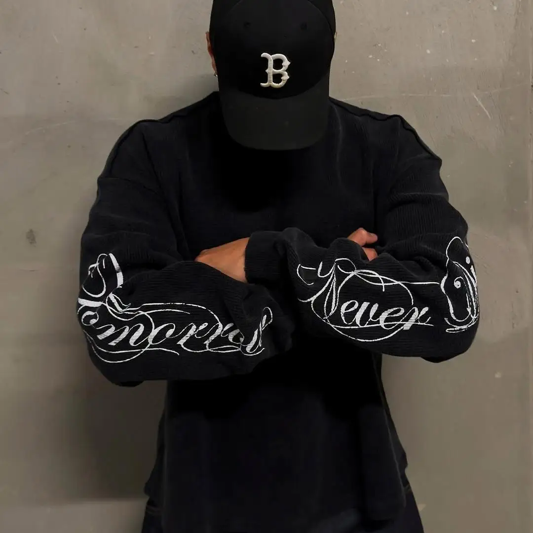 product custom true classic waffle weave crewneck graphic tee top screen printed heavy cotton boxy t shirt long sleeve-3