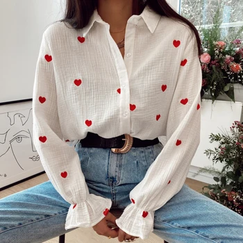 Fashion New Casual Turn Down Collar Blouses Women Elegant Long Sleeve Shirts Women Red Heart Embroidery Tops Ladies