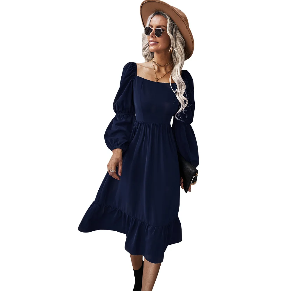 Stock Lot Wholesale Elegant A-line Pleated Long Sleeve Lady Women Midi Swing Casual Dresses