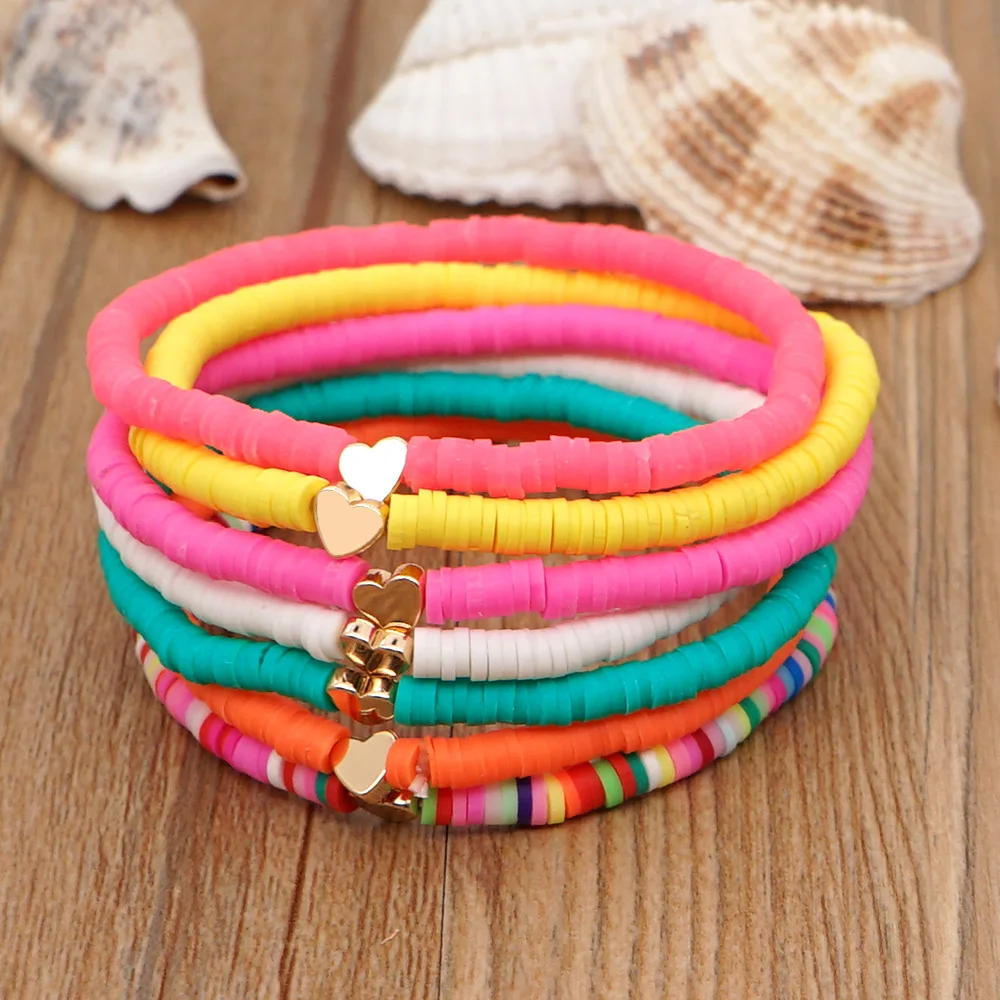 4mm Hot Boho Polymer Clay Elastic Rope Heart Beaded Bracelet Women Fashion Colorful String Bracelet Jewelry For Gift