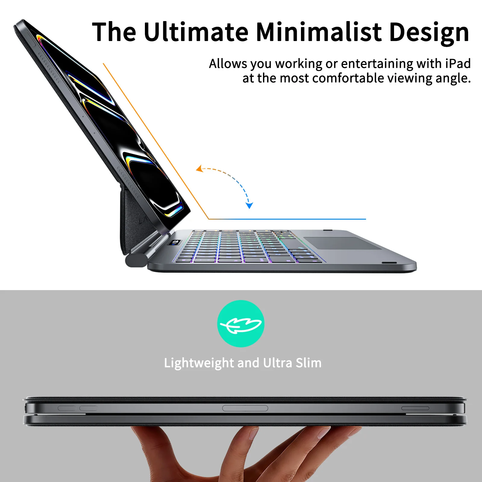 product laudtec for ipad pro 11 inch m5 2025 wireless keyboard case with 7 rgb backlight touchpad adjustable stand ultra thin black-8