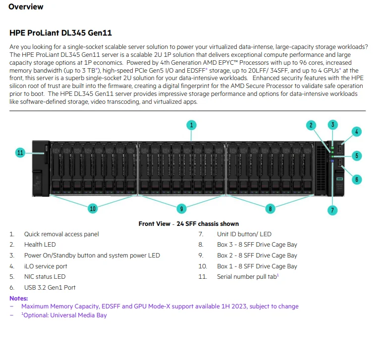 HPE ProLiant DL345 Gen11 Server AMD EPYC 9124 32 GB RDIMM SR 4800 MT/s (1x 32 GB) 800W PSU 2U Server Rack