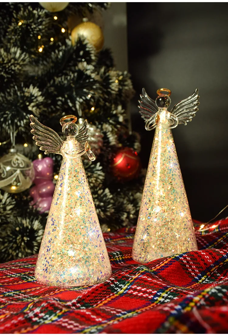 Led lighted glitter hand blown glass angel with led lights for Christmas decor details