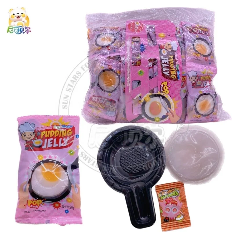 Halal Jelly Pudding Candy Sweet Fruit Flavor Egg Shape Jelly With Popping Candy Omelette Toy Pan