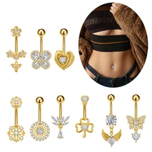 10Pcs/set Stainless Steel 14G Belly Button Piercing Double Gems Gold Surgical Steel Belly Button Rings Navel Piercings for Women