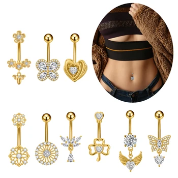 10Pcs/set Stainless Steel 14G Belly Button Piercing Double Gems Gold Surgical Steel Belly Button Rings Navel Piercings for Women