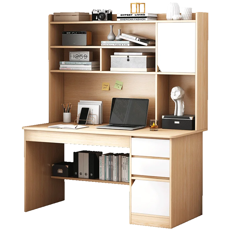 Modern Sturdy Wood Computer Desk Writing Desk Table with Bookshelves Drawers for Home Office