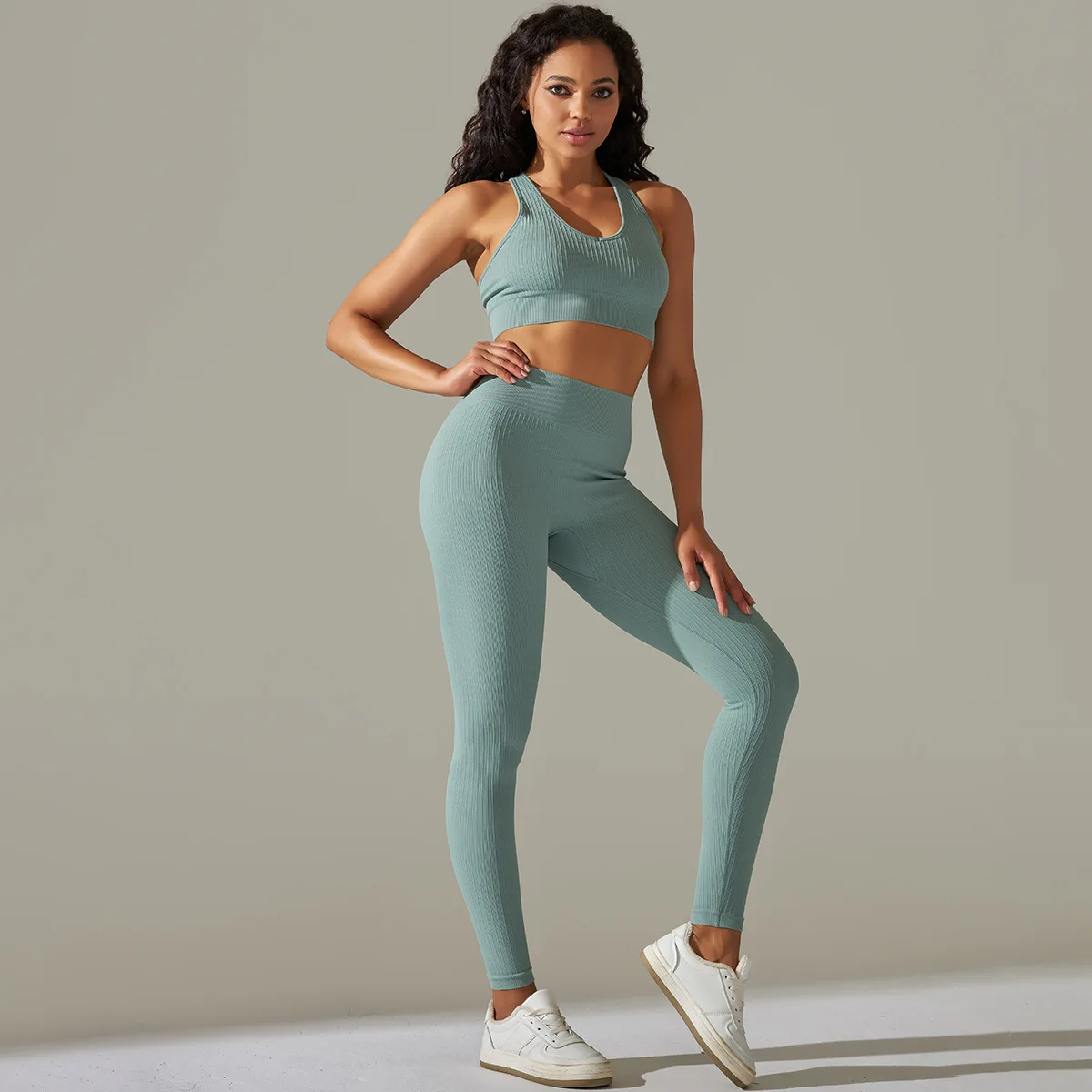 lulu High quality sexy solid color peach butt tight knit striped sports bra Yoga suit running fitness pants two-piece set