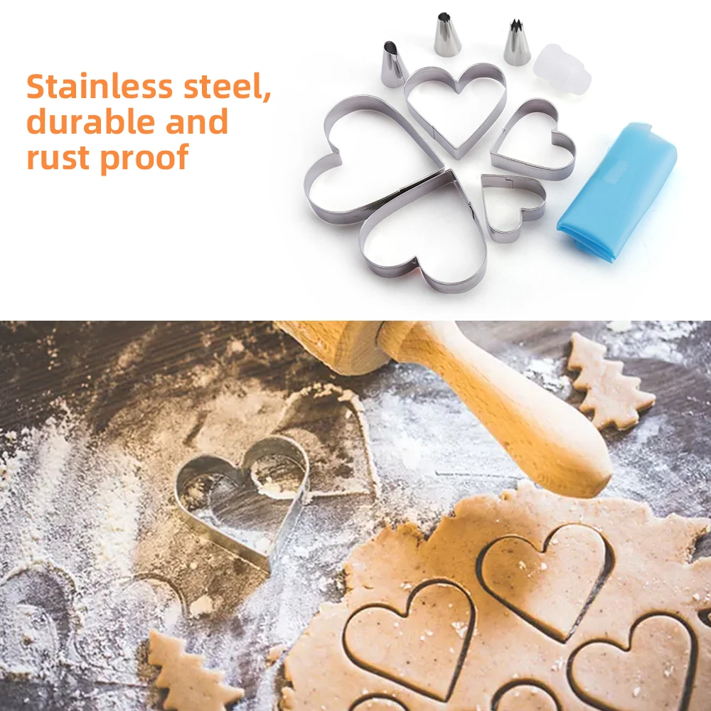 New design 10 pcs heart shape mold piping bags baking waffle cookie icing decorating set cake tools and accessories
