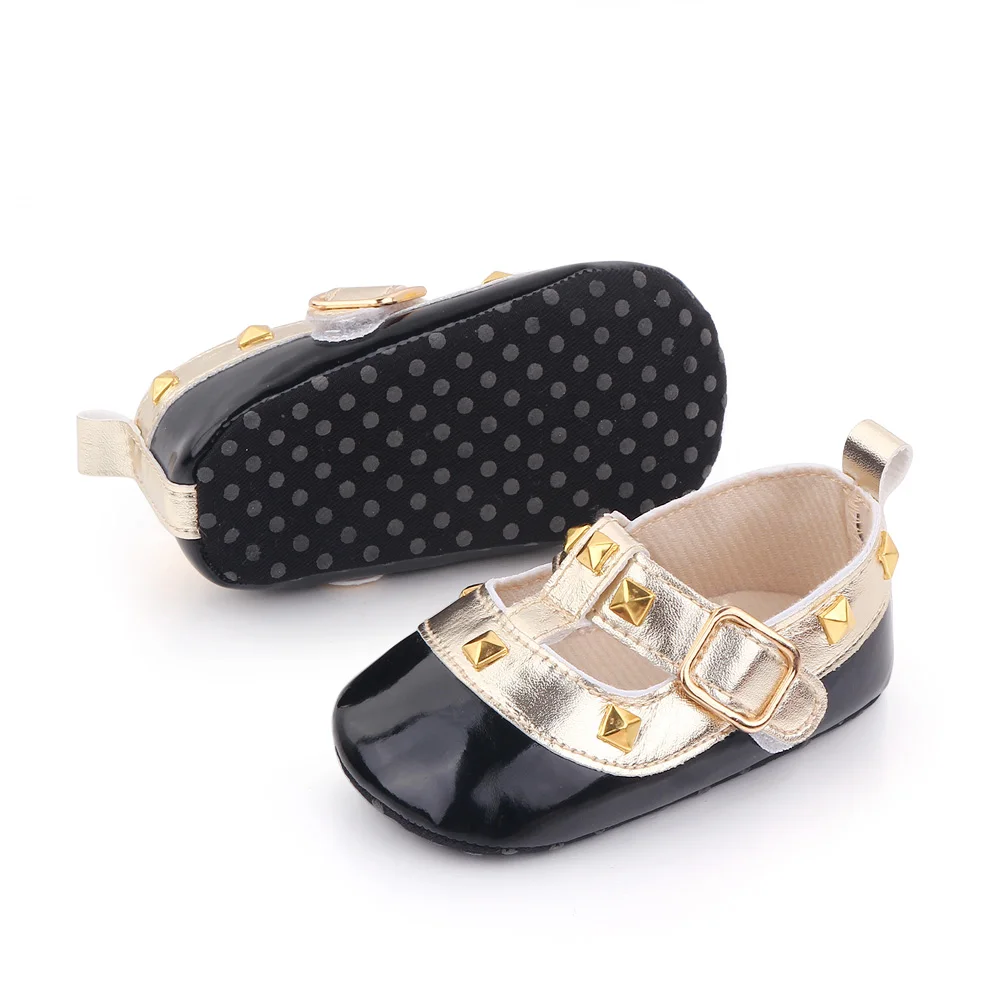 Bright Spliced Geometric Metal Decorated Baby Girls Pretty Princess Walking Shoes supplier