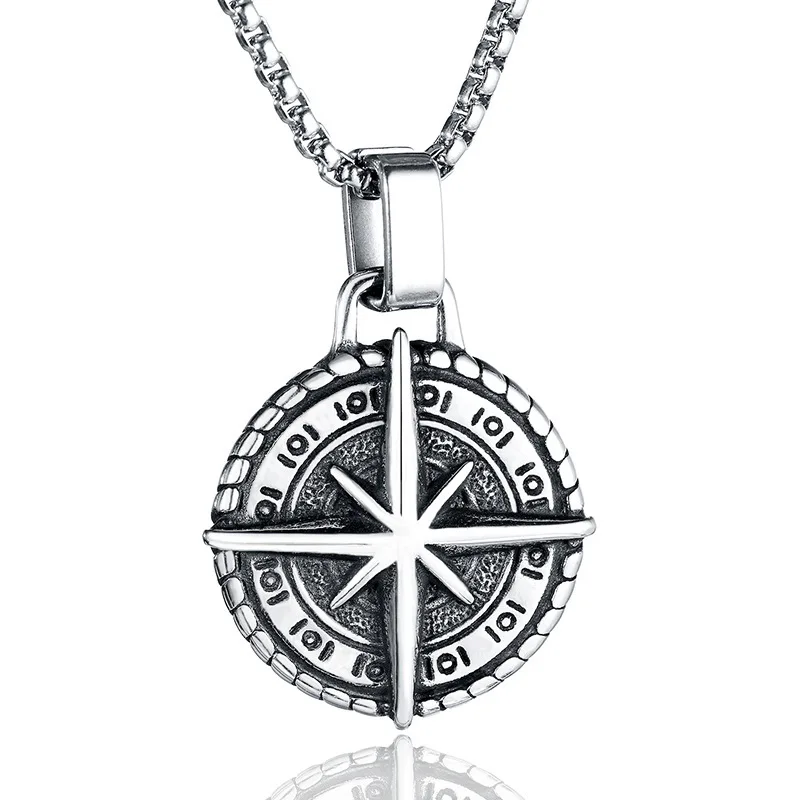 Wholesale Dropshipping Fashion Jewelry Designer Retro Punk Stainless Steel Gold Plated Compass Pendant Necklace For Mens