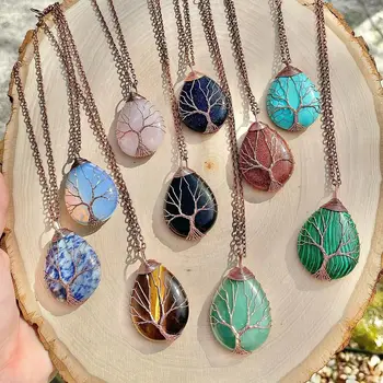 Vintage Gemstone Healing Leather Rope Copper Wire Wrapped Natural Stone Crystal Tree Of Life Teardrop Pendant Necklaces