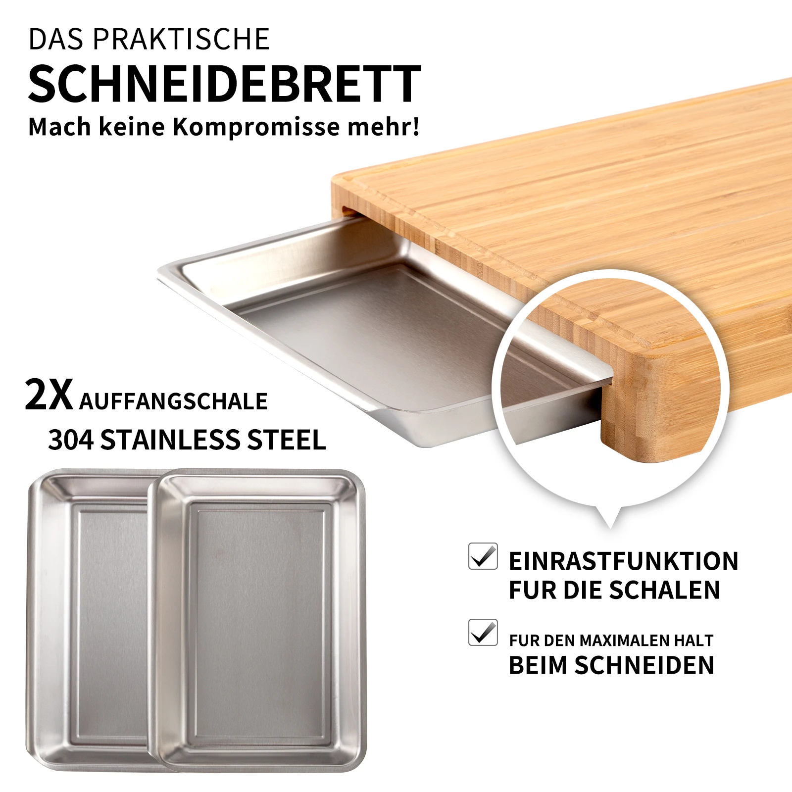 Bamboo Chopping Board Set Kitchen Bamboo Cutting Board with 2 Stainless Steel Sliding Drawer Pan Tray Containers