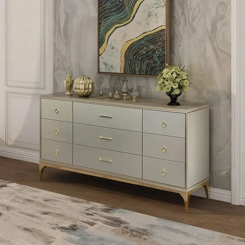 Contemporary 9-Drawer Champagne Living room Bedroom Dresser for Storage in Gold