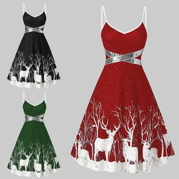 Pop Women's Dress Word Lace up Dress Deer Suspender Christmas White Casual Dresses Sexy European and American Autumn and Winter