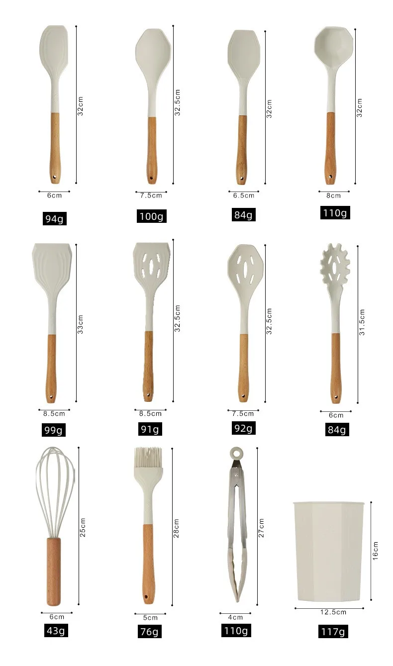 12 Pcs Kitchen Cooking Tools  Octagon Holder Wood Handle Kitchen Gadget Silicone Utensils Set