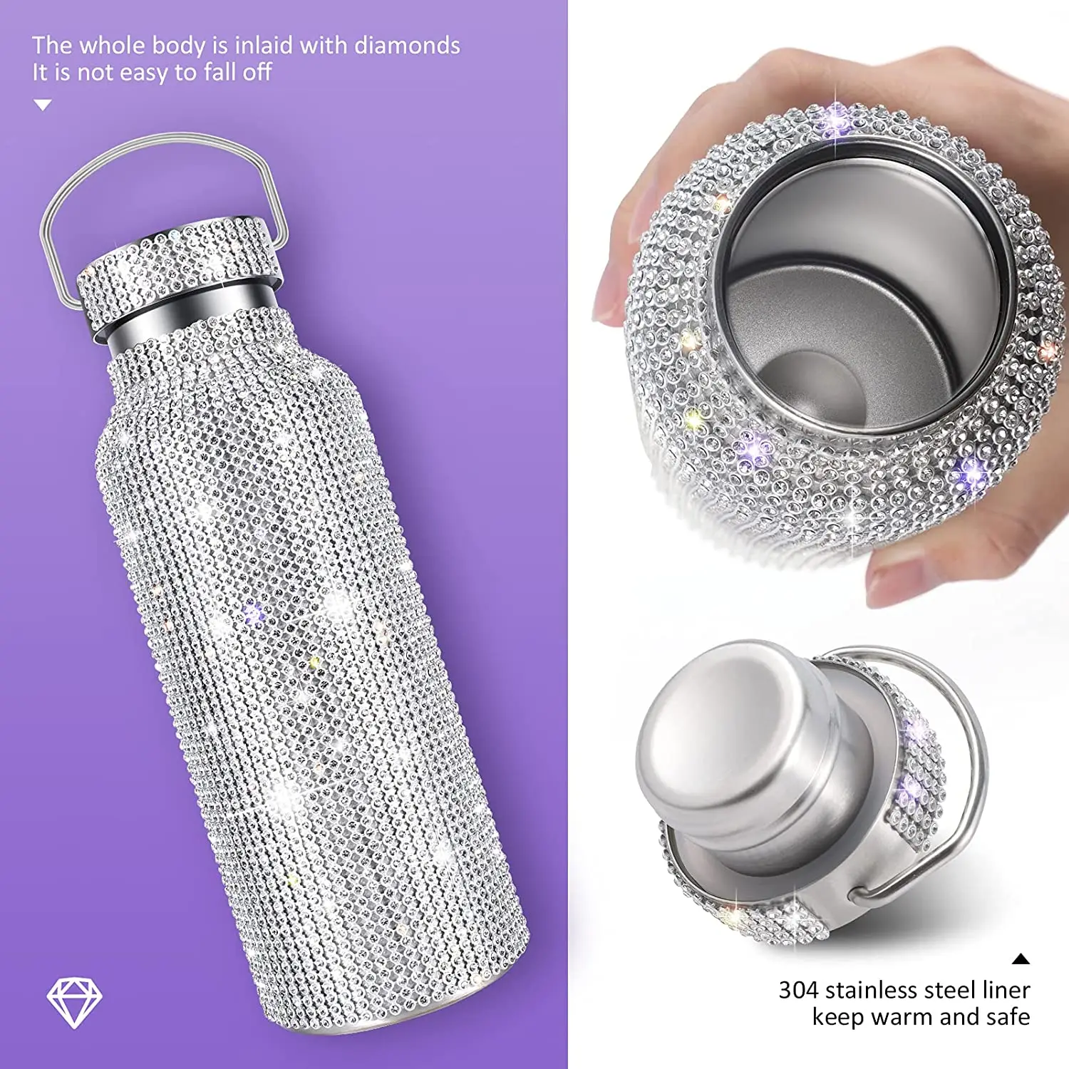 Food Grade 304 Stainless Steel Thermos Rhinestone Water Bottle With Handle And Crossbody Cup Chain