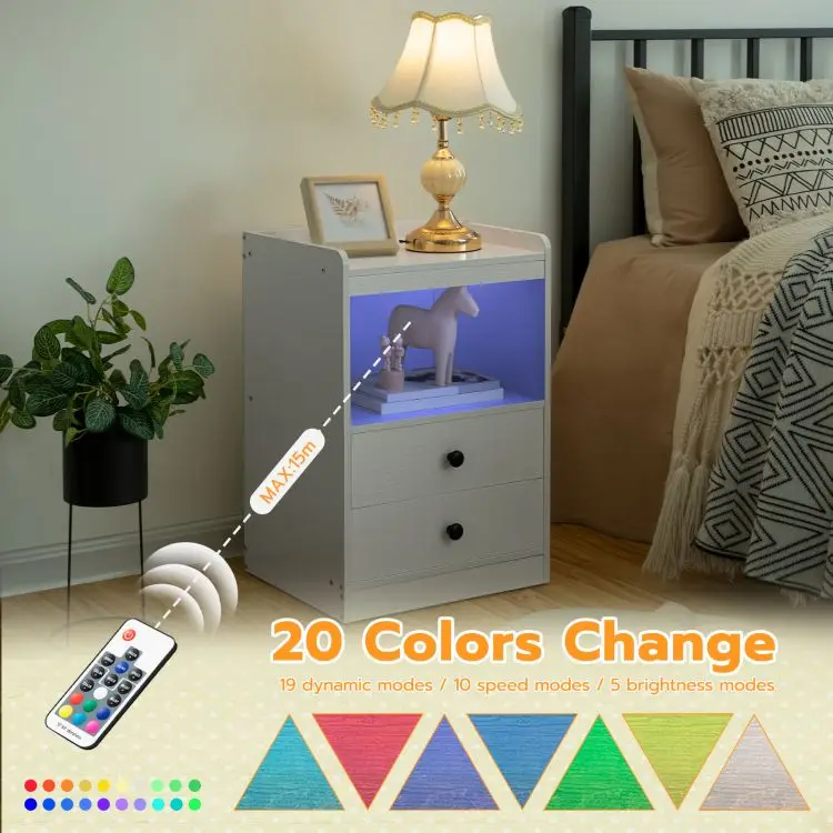 Modern White Wooden 1/2 Drawer Bedside Table Wooden LED Nightstand Bedside Table With Charging Station And Usb Ports For Bedroom