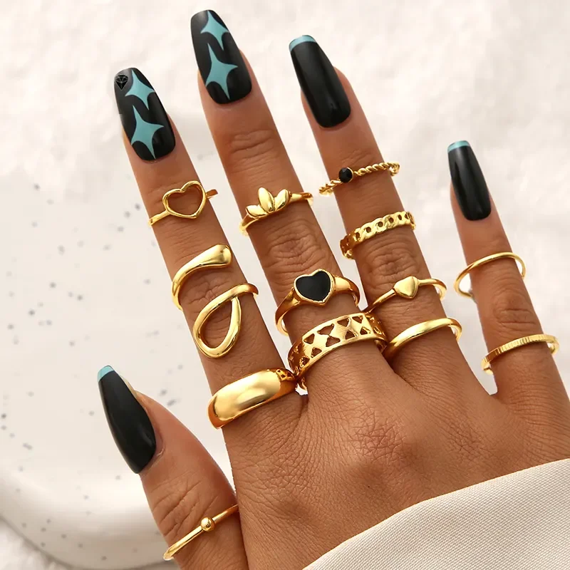Fashion Gold Moon Snake Ring Vintage Punk Black Heart Butterfly Rings Set For Women Accessories