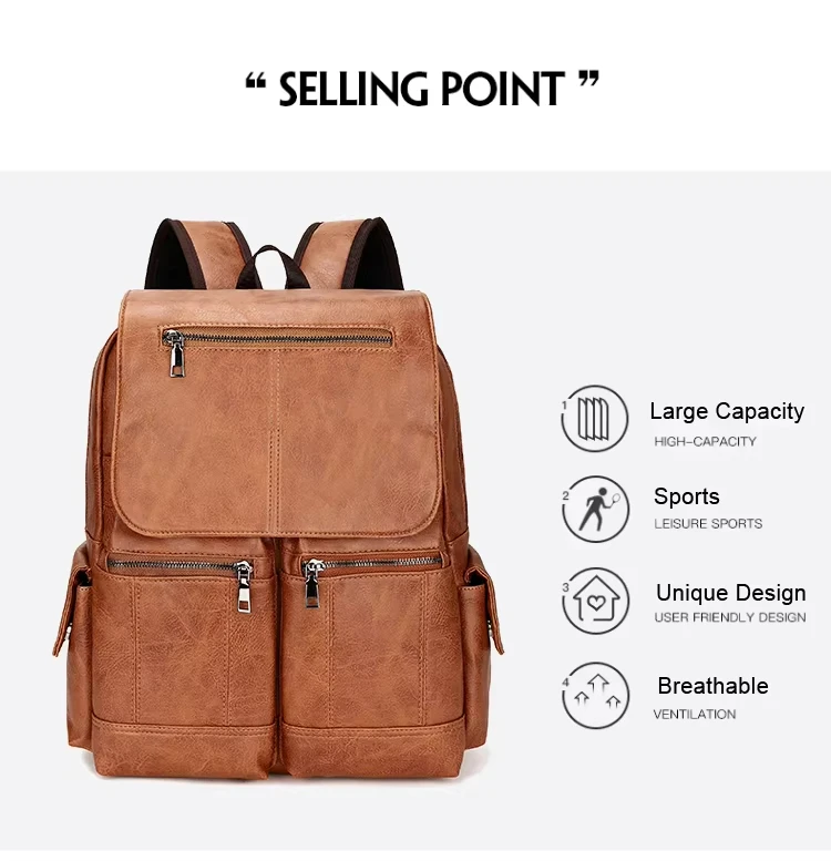 Multi Pockets Waterproof PU Leather Backpack Vintage Campus Bag S-shape Back Design Softback