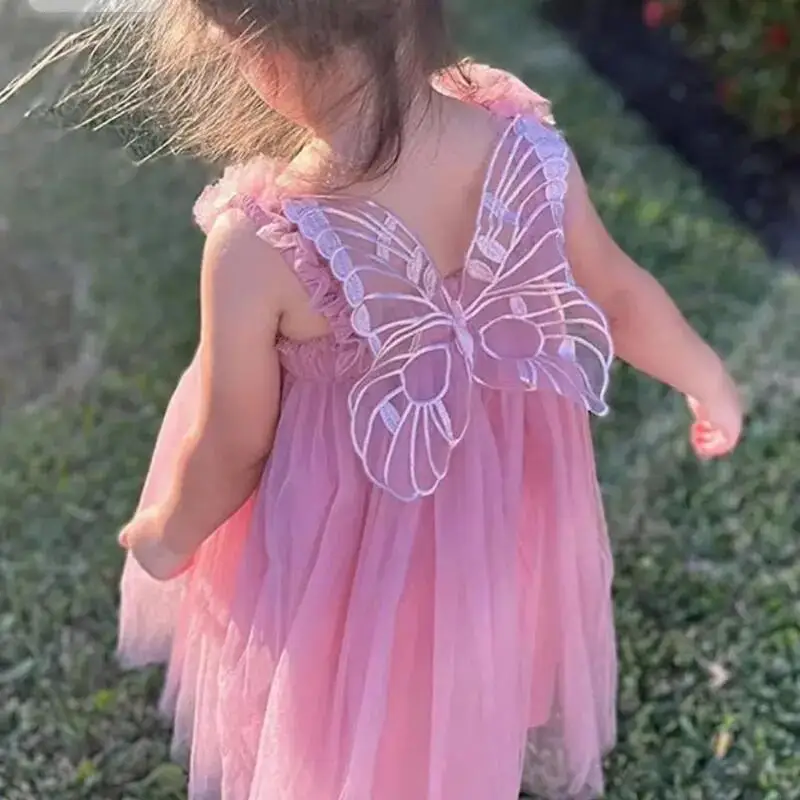 Popular Solid color Sleeveless Tulle Kids Girls Casual Froks Dresses with butterfly wings Baby Girl Summer Tutu Dress for Party