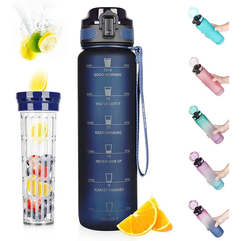 32oz Large Motivational Sports Water Bottle Wide Mouth with Time Marker & Infuser Filter Leakproof BPA-Free Tritan Frosted Drinking Water Bottle for Gym Fitness Hiking Running Outdoor Kids School