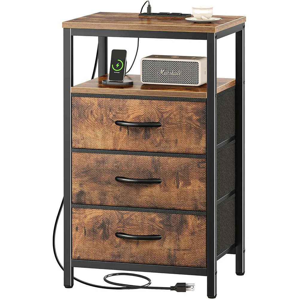 Modern Classic Nightstand Bedside Table with Fabric Drawers Charging Station End Table Side Table USB Ports Outlets Home Use manufacture