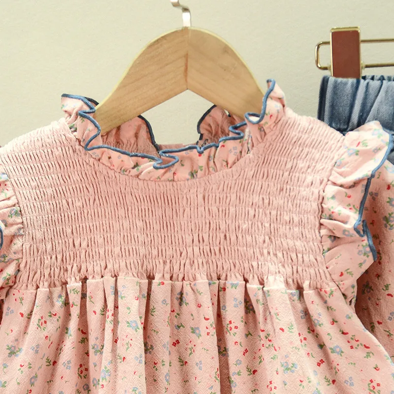 2023 Spring Toddler Girl Bell Bottom Jeans With Button Boutique Set Pink Long-sleeved Floral Shirt Denim Pants 2 Pcs Suit