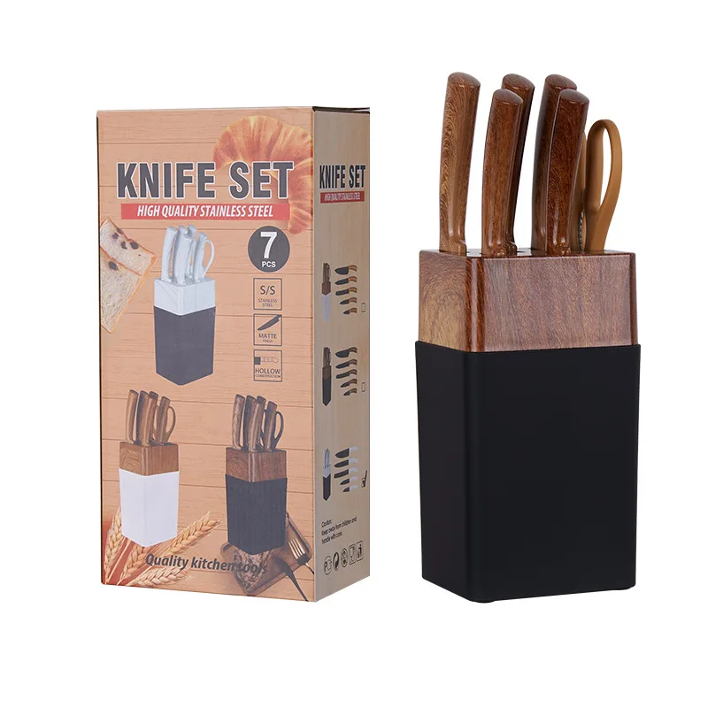 kitchen stainless steel 7pcs cooking wooden Black coating handle with holder kitchen gadgest gift dainty chef knife sets