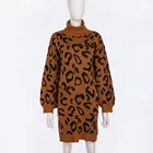 Pullover Fashion Girl Sweaters Women Leopard Print Long Warm Knitted Turtleneck Pullover