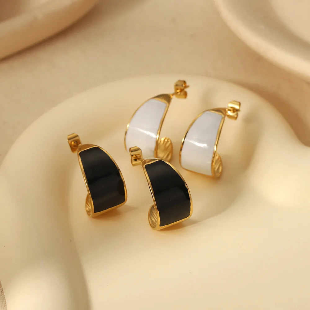 Hot sale18k gold plated stainless steel Black white enamel hoop c shaped earrings