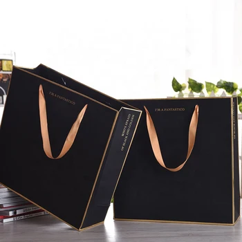 Promotional Custom Rope Handle Carry Carrier Black Paper Bags For Gift with logo